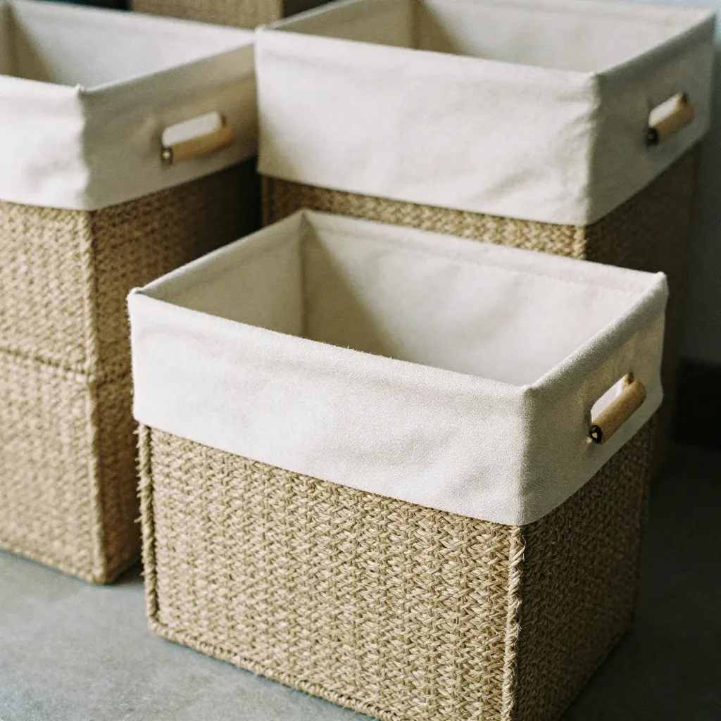 Stylish room arrangement with natural fiber storage